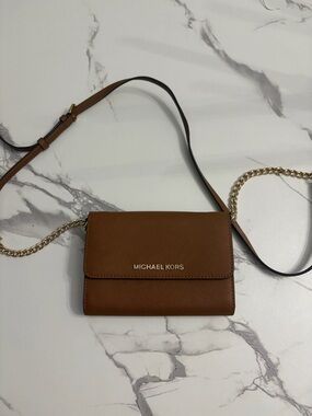 Michael Kors Tan/Brown Saffiano Leather Chain-Accent Crossbody